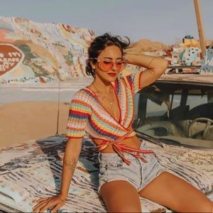 Boho Rainbow Crochet Cropped Wrap Tie Top